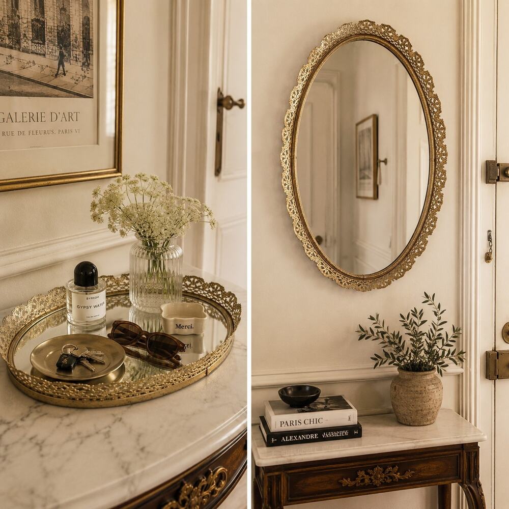 VTG Vanity Tray Oval Mirror Gold Ormolu Filigree Wall Hang Ornate Parisian 15"L